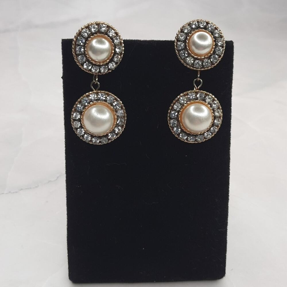 Round Dangle Clip Earrings Rhinestones Pearlescent Center Gold Tone